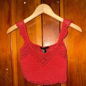 red crocheted top